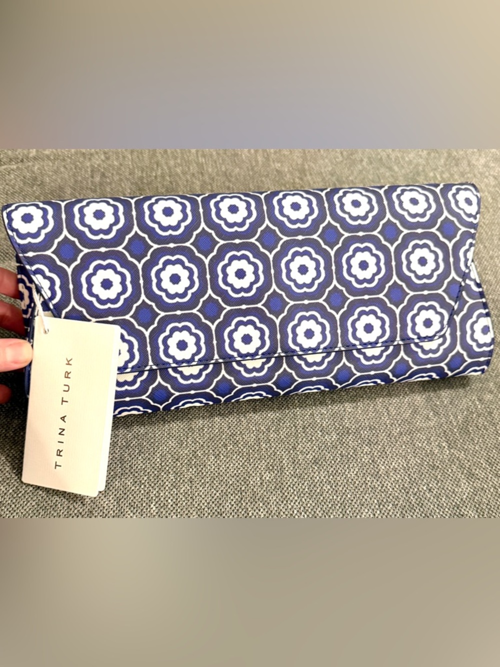 Trina Turk Navy and White Floral-Trim Crossbody Clutch